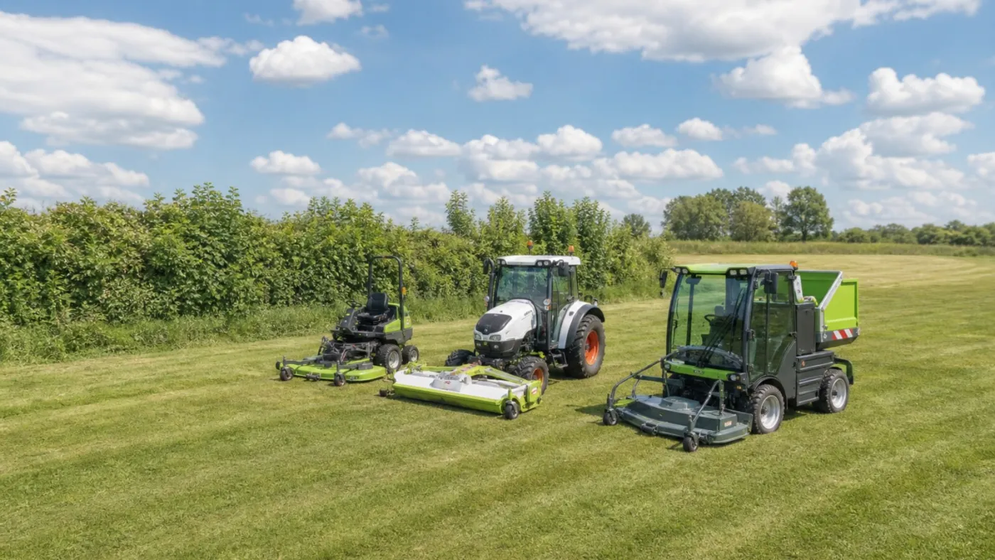 Kommunalfahrzeug, Aufsitzmäher und Traktor mit Mähwerken auf der Wiese